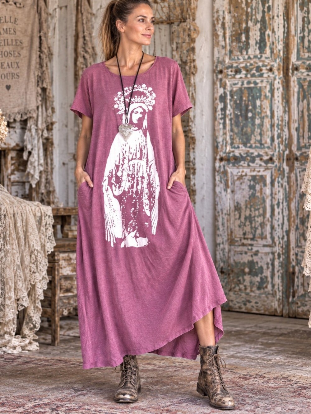 Magnolia Style Bohemian Peasant Graphic Long boho Cotton Dress with Pockets L NW